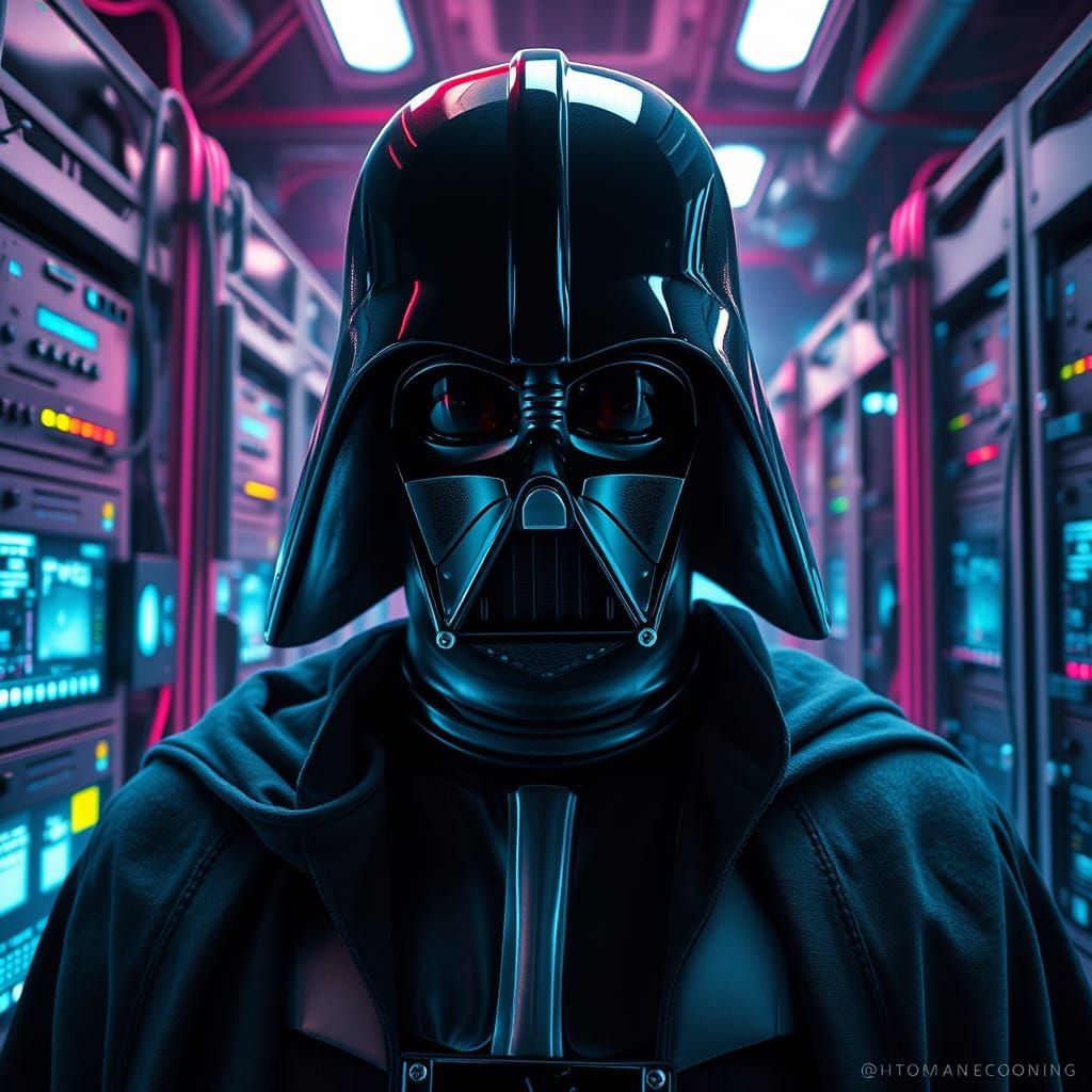 Hyperrealistic Darth Vader in Cyberpunk Hacker Attire