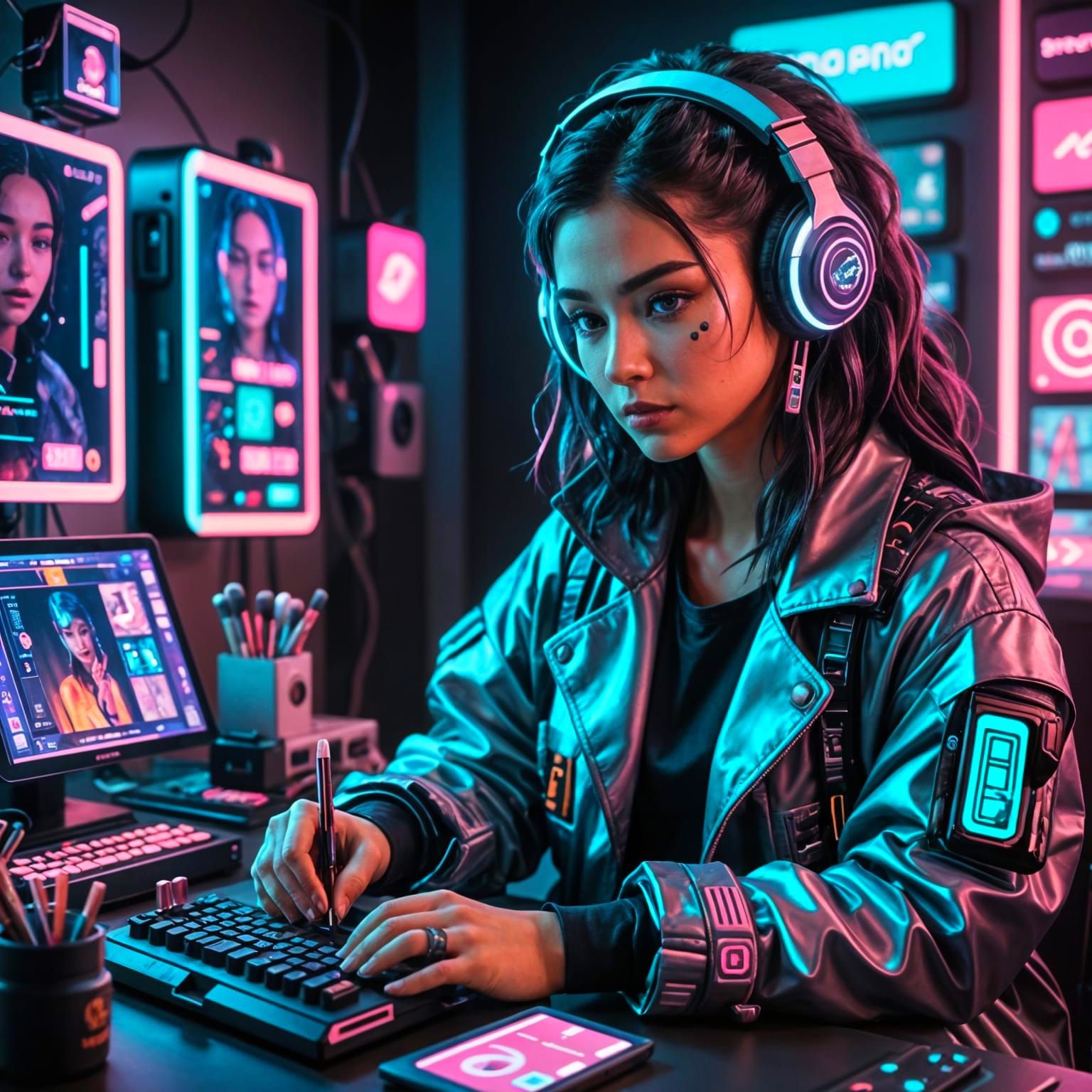 Cyberpunk Influencer Applying Makeup in Futuristic Setup