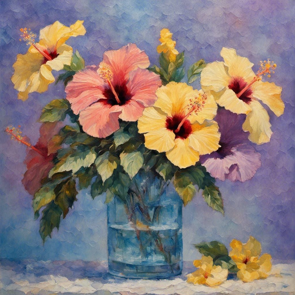 Hibiscus Flowers in Vase: Neo-Impressionist Oil Painting