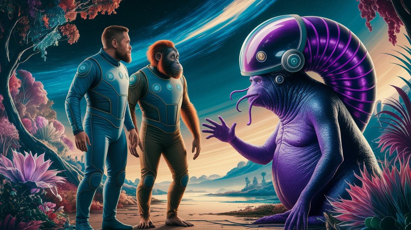 Man, Orangutan, and Slug Chat on Alien Planet