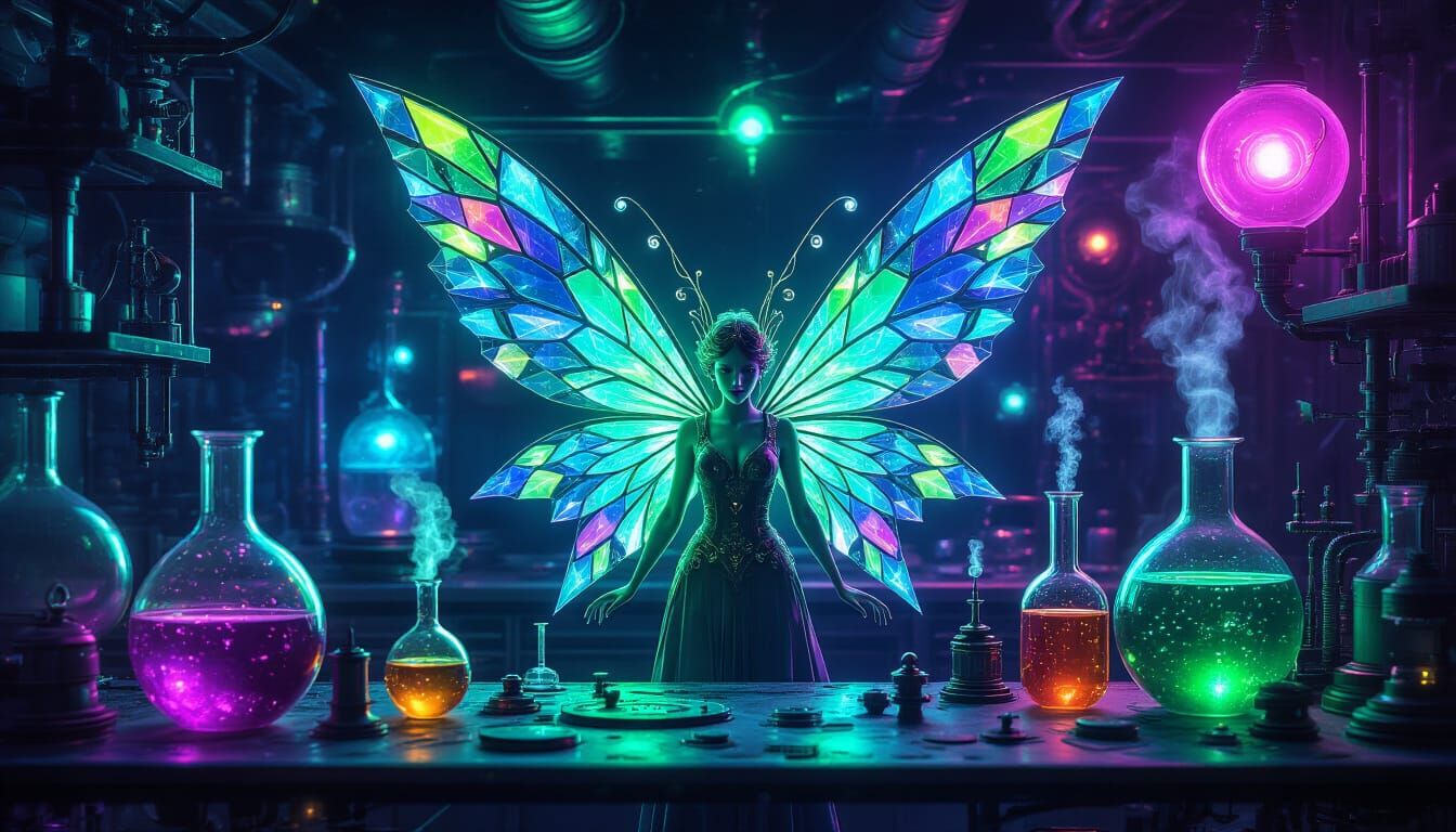 A fractal fairy with wings made of kaleidoscopic shards of g...