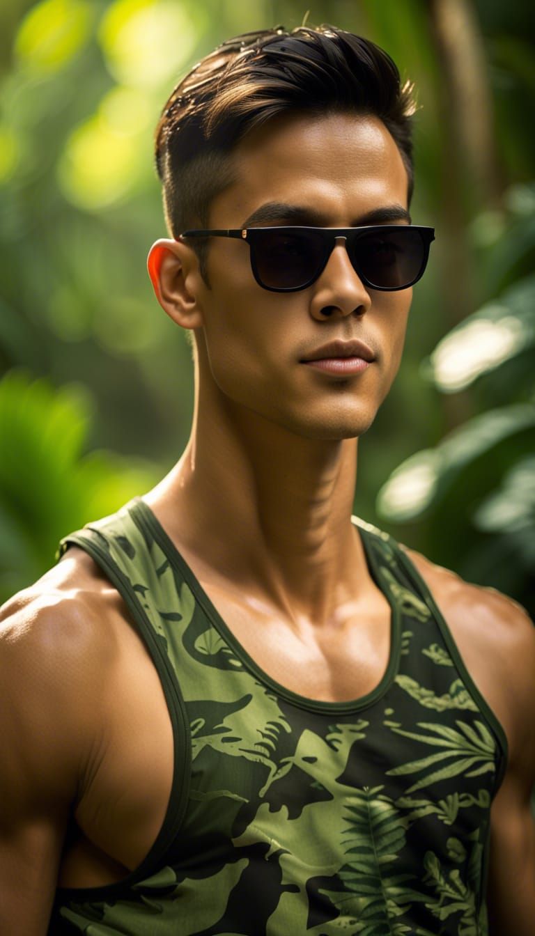 Handsome Man in Jungle with Dreamlike Lighting