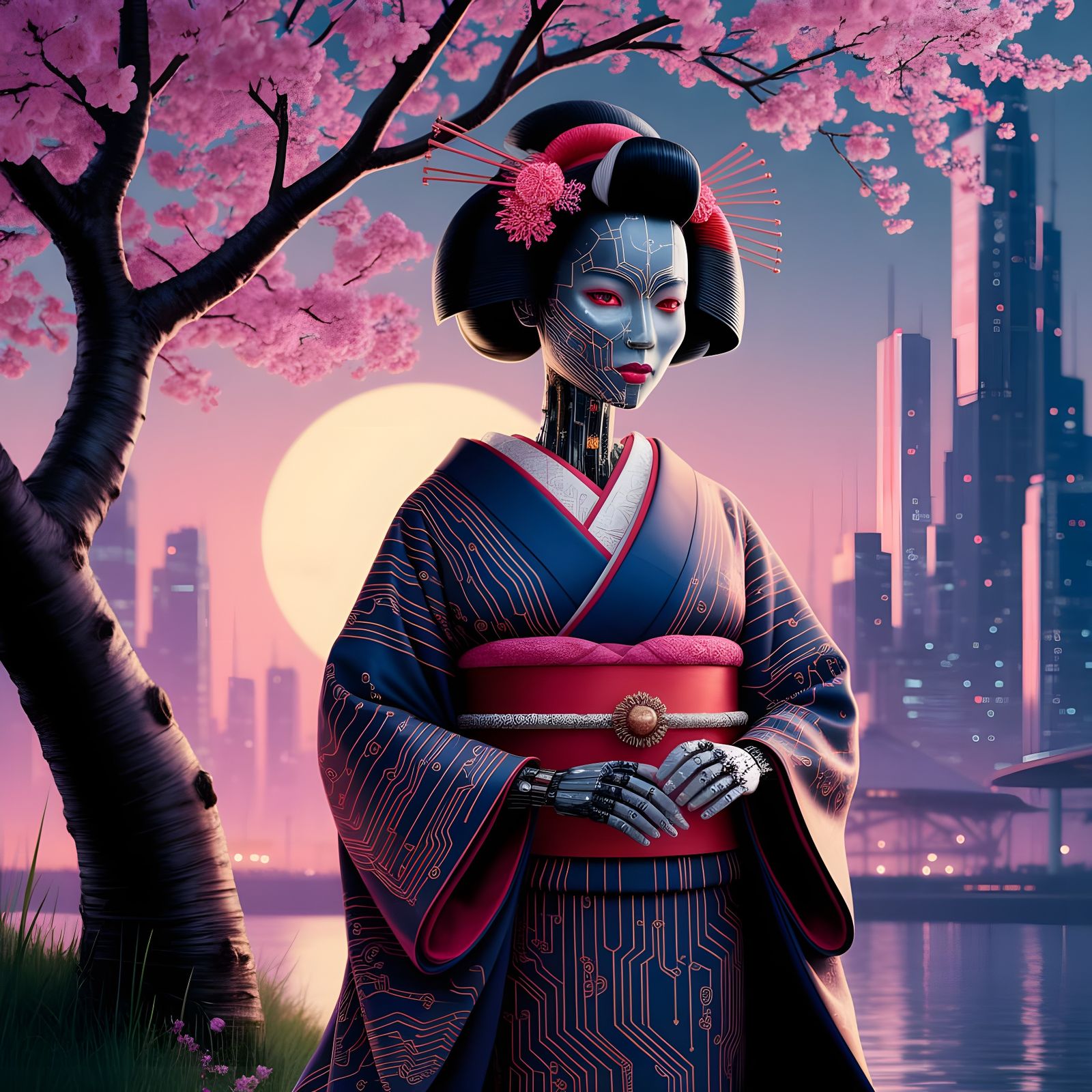 Cybernetic Geisha in Futuristic Cityscape