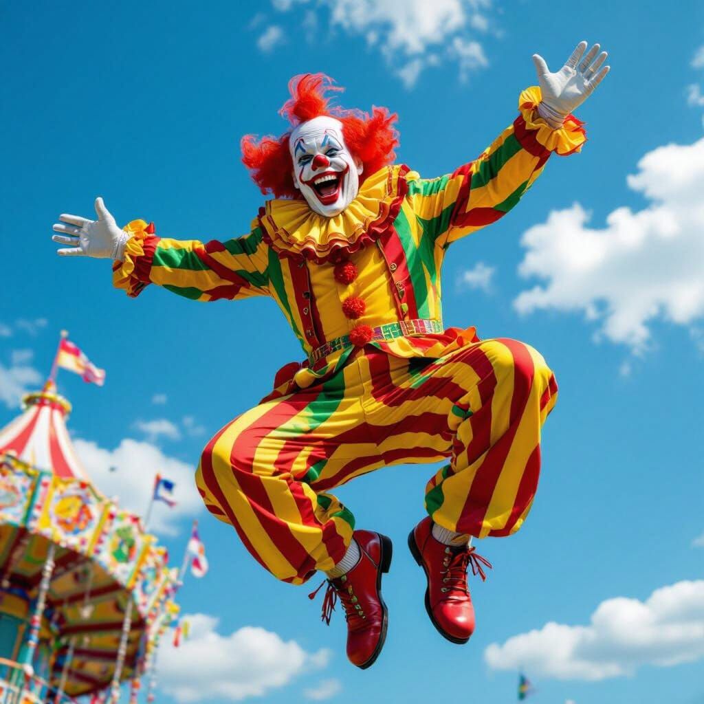 Excited Carnival Clown in Red, Yellow, Green Against Blue Sk...