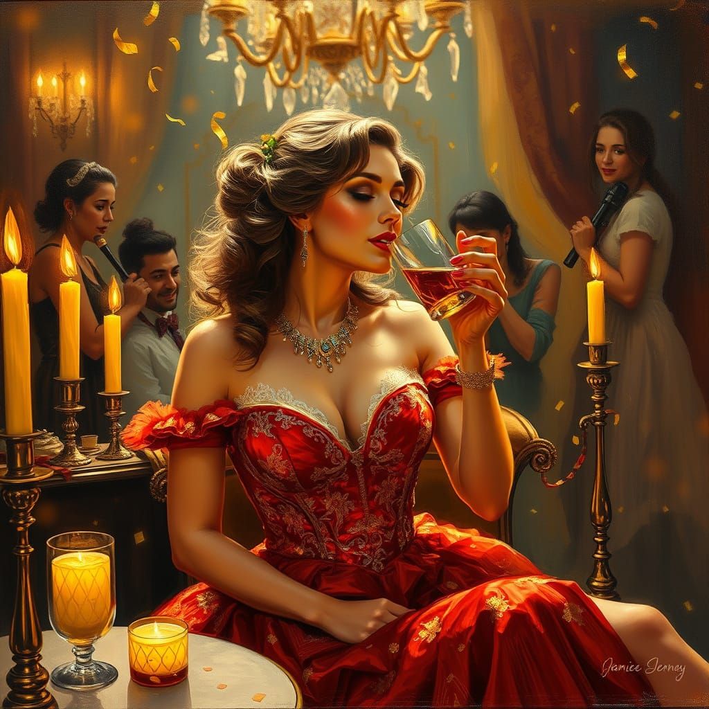 Woman at Lavish Party with Golden Candles, in Oil Painting S...