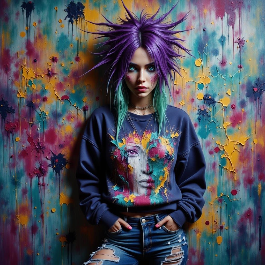 TrashPunk Girl with Expressionist Wall in Dystopian Style