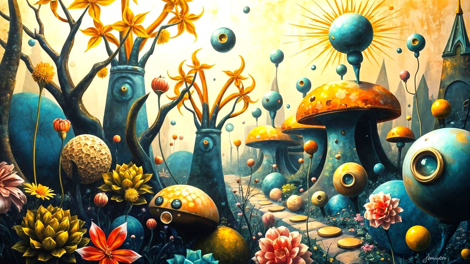 Surreal Eden Garden Scene in Vibrant Oil Painting Style