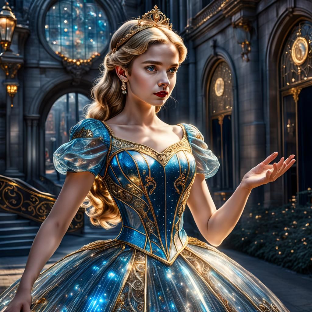 Hyperrealistic Cinderella in Glass Dress with Golden Tesla