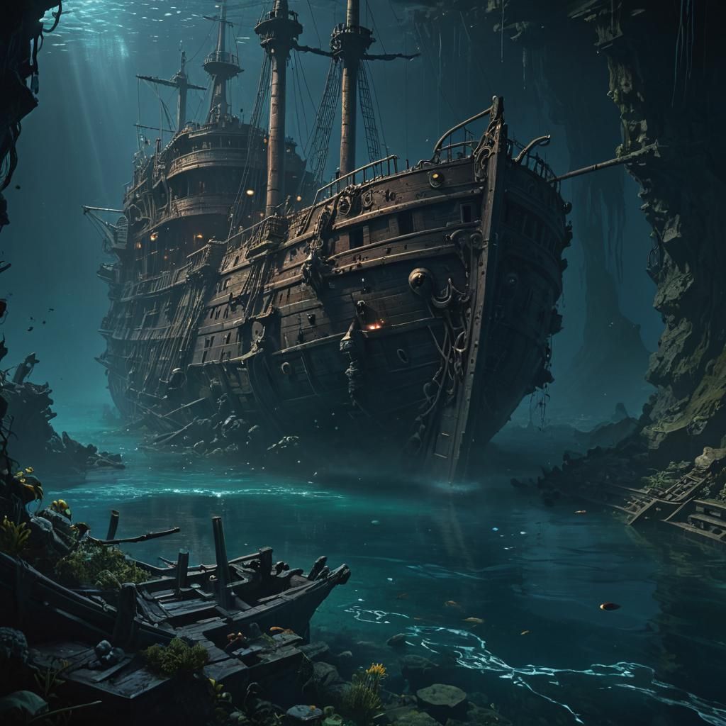 Dark Fantasy Underwater Shipwreck in Rich, Vibrant Colors