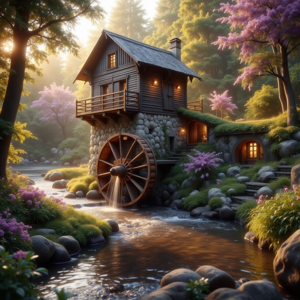 Enchanted Water Mill in Dreamy Landscape