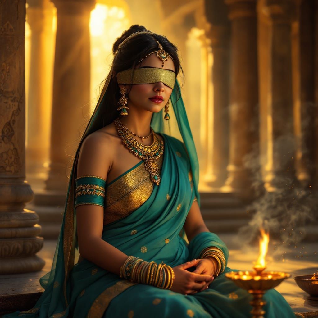 Gandhari's Calm Sadness in Ancient Indian Palace