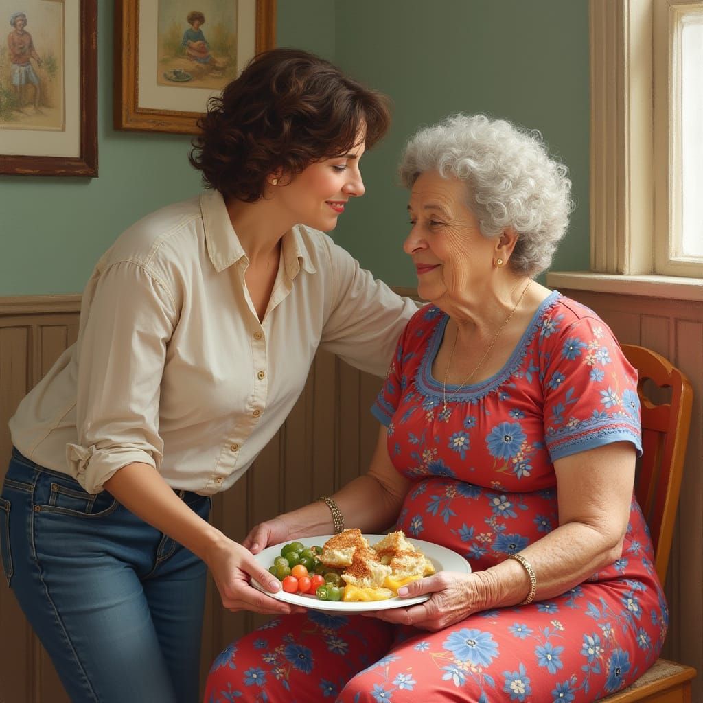 Touching Mother-Daughter Moment in Classic Painting Style