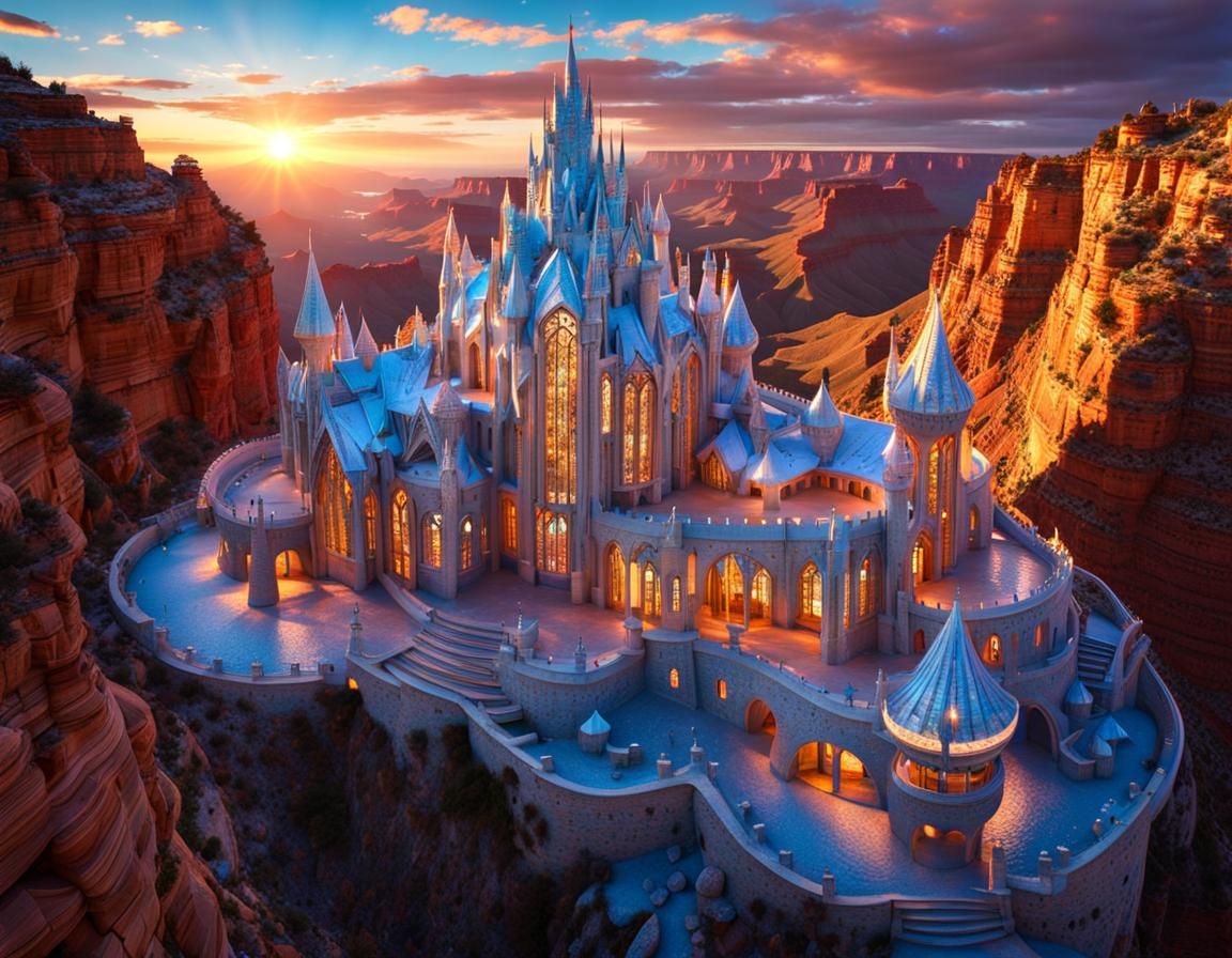 Futuristic Gaudí Castle in Grand Canyon at Sunset
