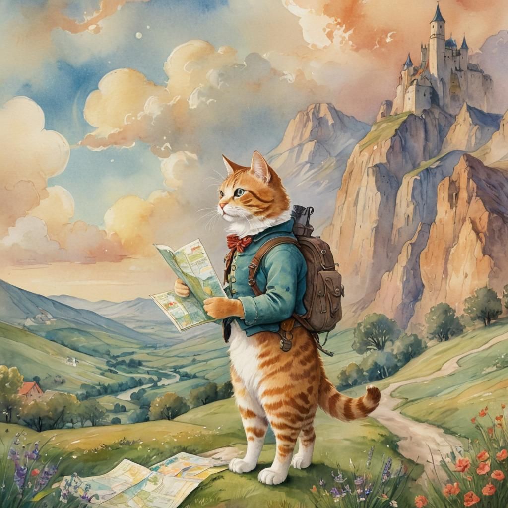 Whimsical Cat Explorer in Watercolor Style