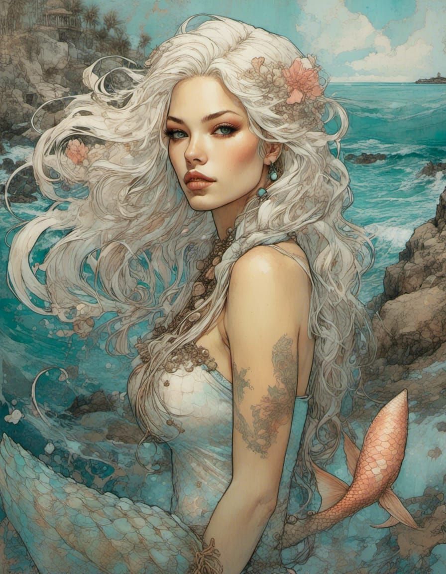 Seashell Mermaid in Watercolor Style on Island Beach