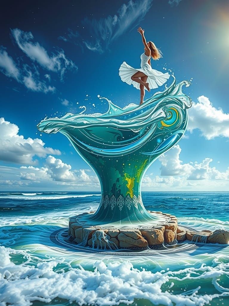 Glowing Woman Rides Turquoise Water Spout in Futuristic Styl...