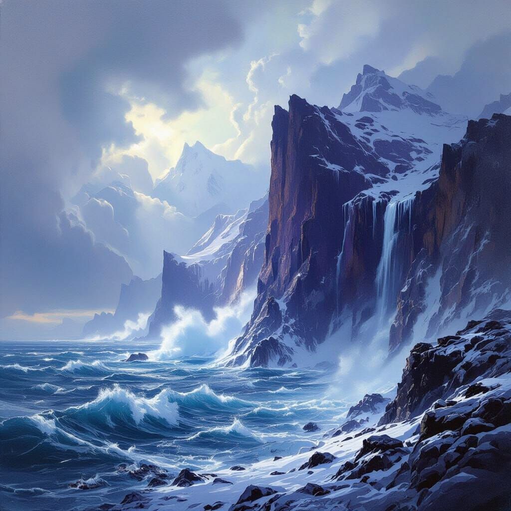 Epic Oil Painting of Antarctic Violet Plateau Under Dramatic...