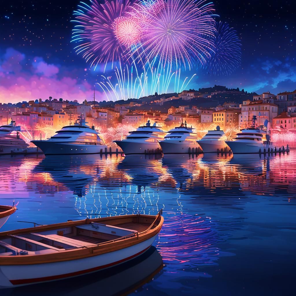 Fireworks Display Over Sanary Harbor in Neon Lights