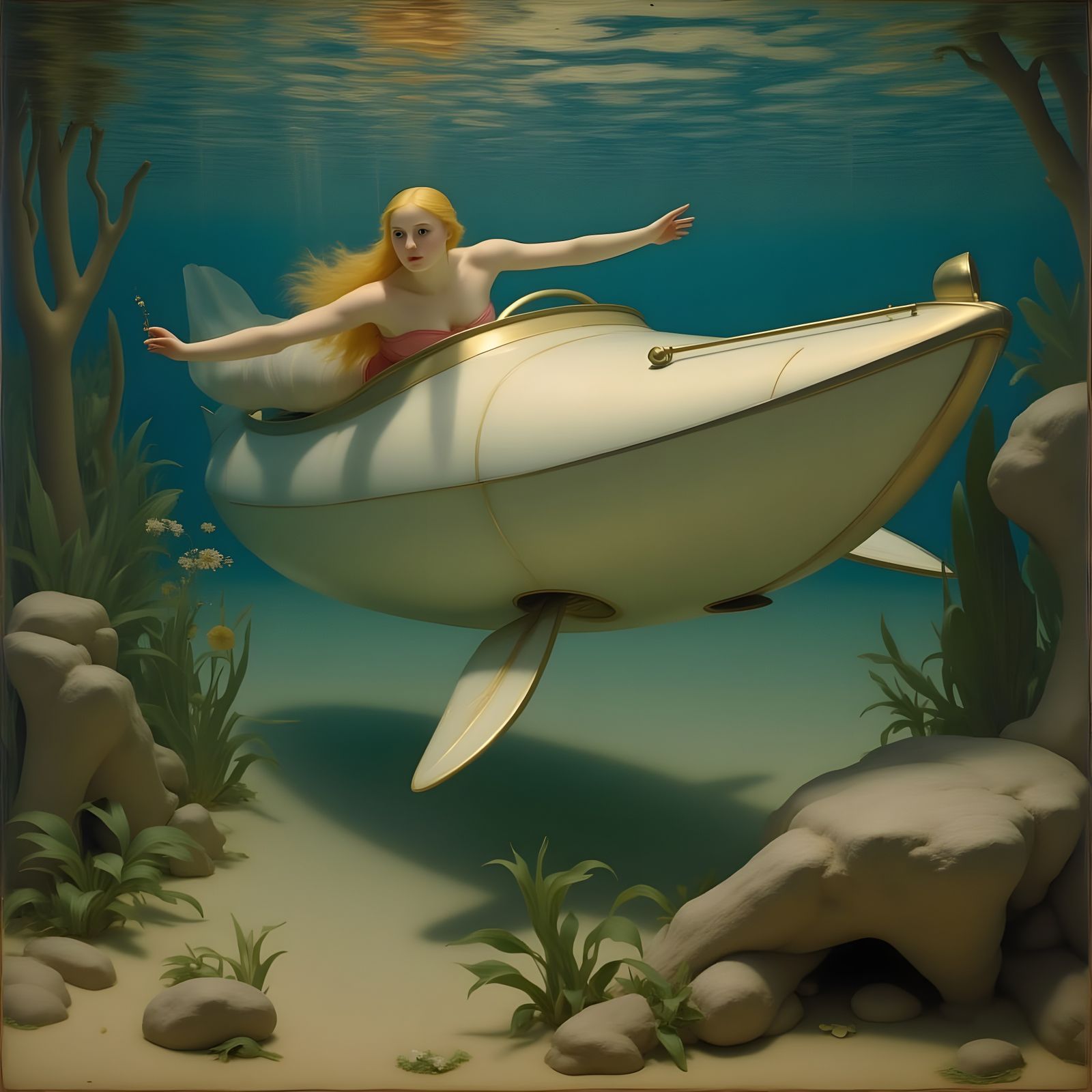 Blonde Mermaid Drives Underwater Car, Pre-Raphaelite Style