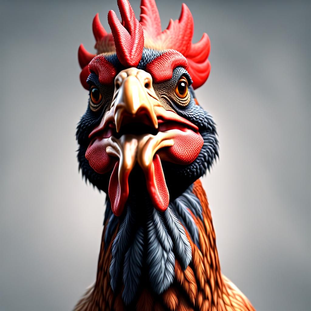 Rooster with t-rex face, highly detailed, cgi quality, cinematic realism