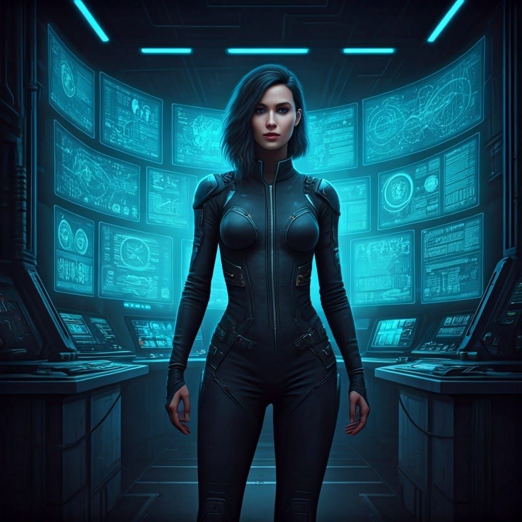 Futuristic Woman in High-Tech Lab, Digital Art