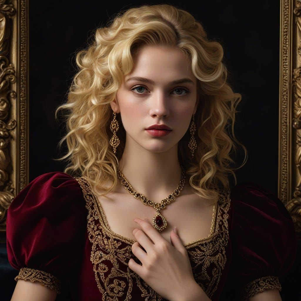 Baroque Oil Painting of Elegant Blonde Woman in Velvet Dress