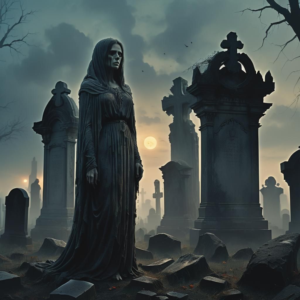 Demonic Spirit in Haunted Cemetery: Beksiński Style