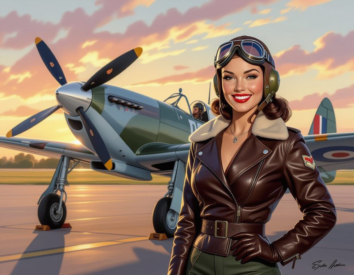 Pinup Aviator Poses with Spitfire at Sunrise