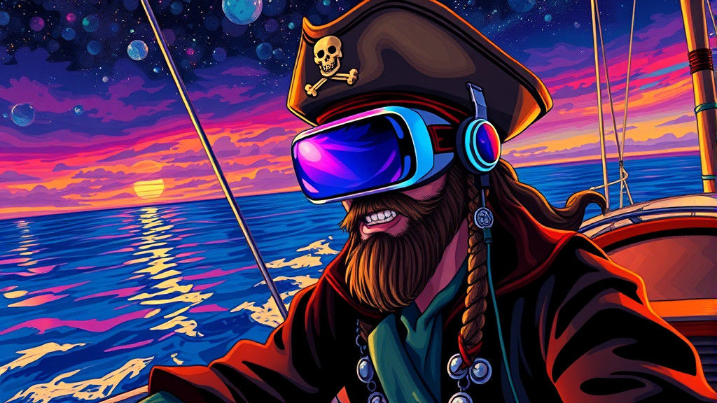 Goofy Pirate Immersed in Virtual Reality on the High Seas