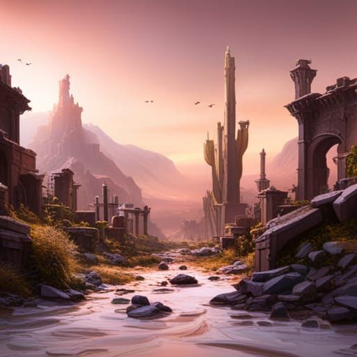 Overgrown City Ruins in Desert Landscape