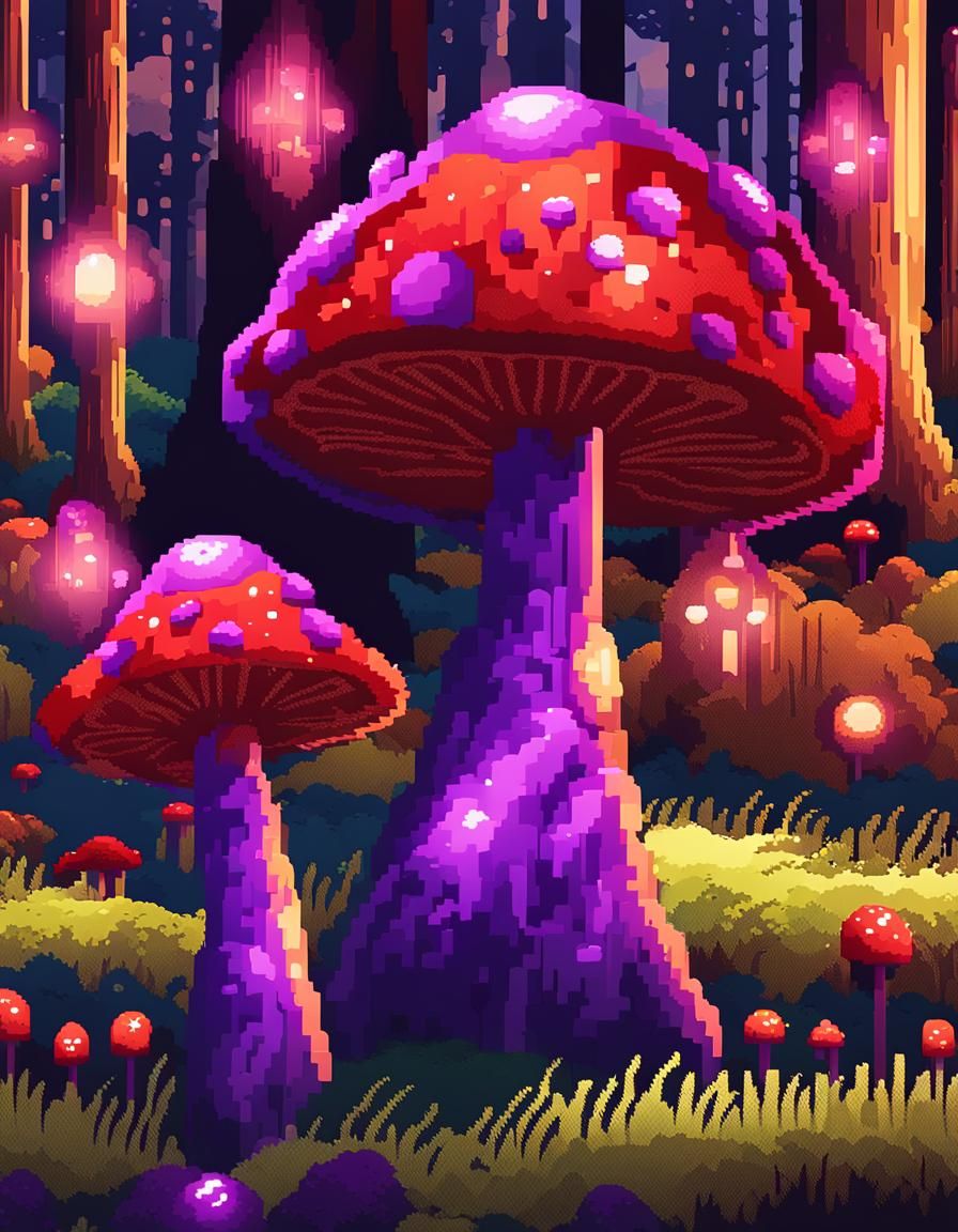 Purple and Red Mushrooms in 8-Bit Pixel Art