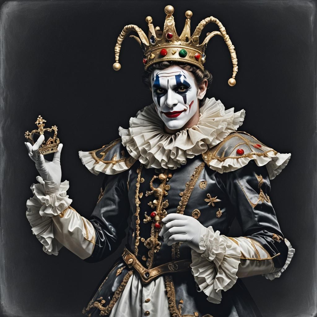 Elegant Jester with Crown in Hyperrealistic Photo