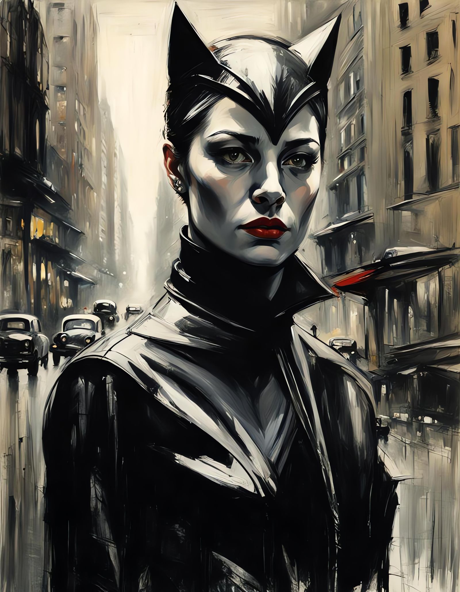 Catwoman in Reflective City: Liebermann-Inspired Oil Portrai...