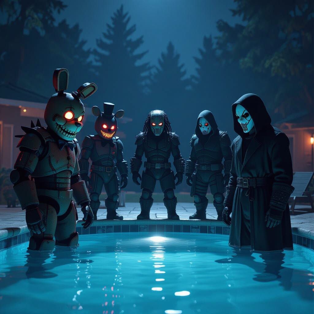 Horror Villains Gather by Pool in Dark Concept Art