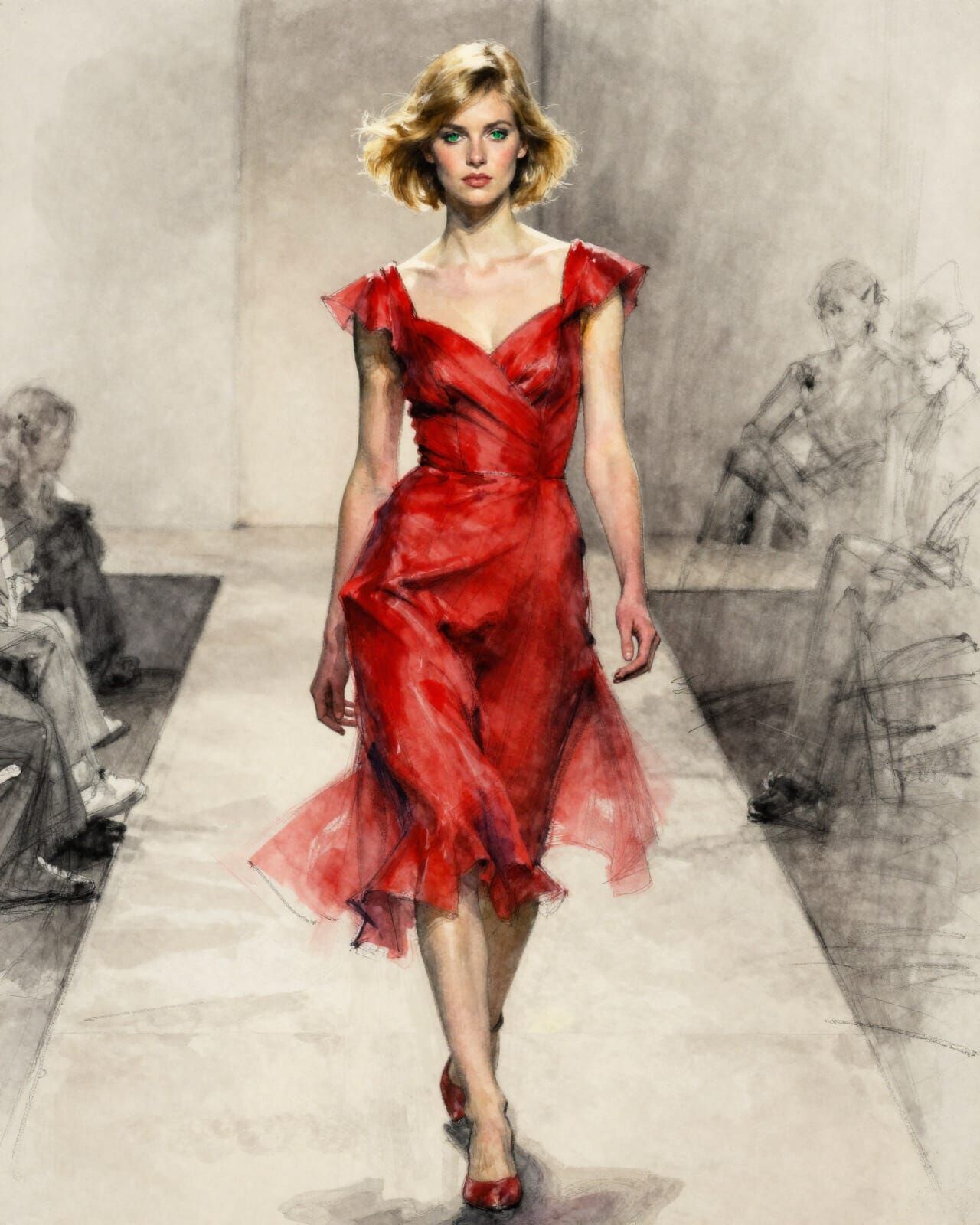 Model in Red Dress with Charcoal Sketch Background