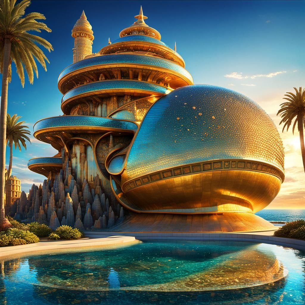 Futuristic Atlantis Snail House in Psychedelic Pointillism