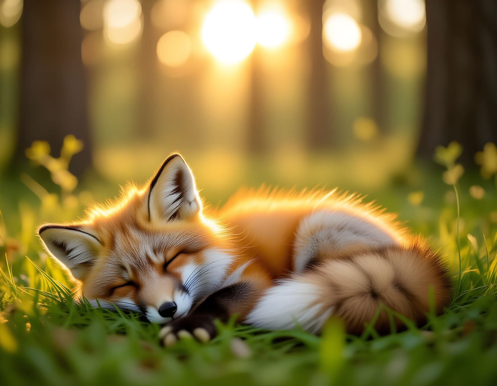 Adorable Fox Cub Sleeping in Sunlit Forest