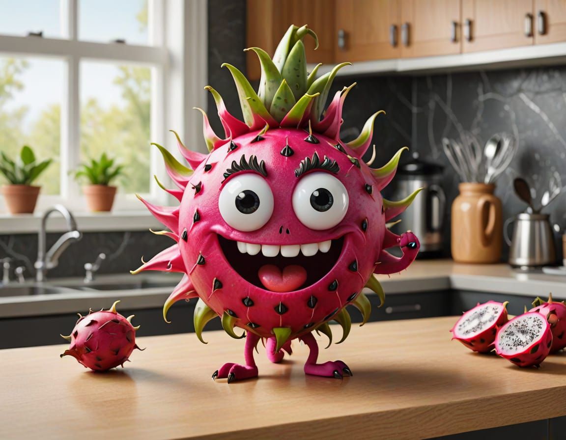 Whimsical Cartoon Dragon Fruit Character on Kitchen Counter