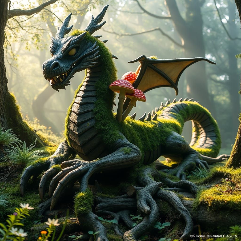 Moss-Covered Wooden Dragon in Lush Forest Scene