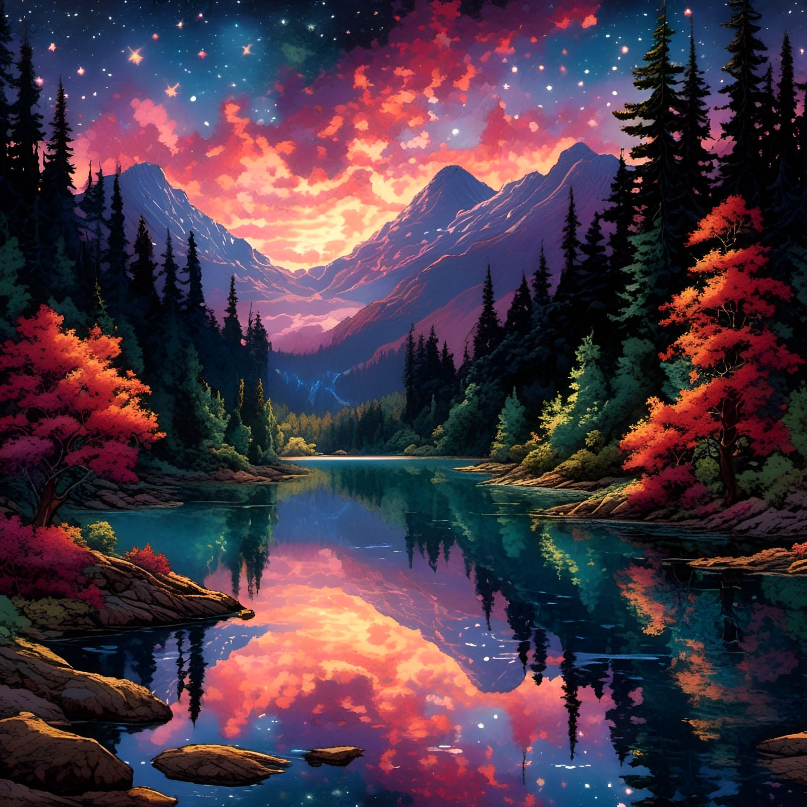 Starry Night Landscape with Redwood Silhouettes