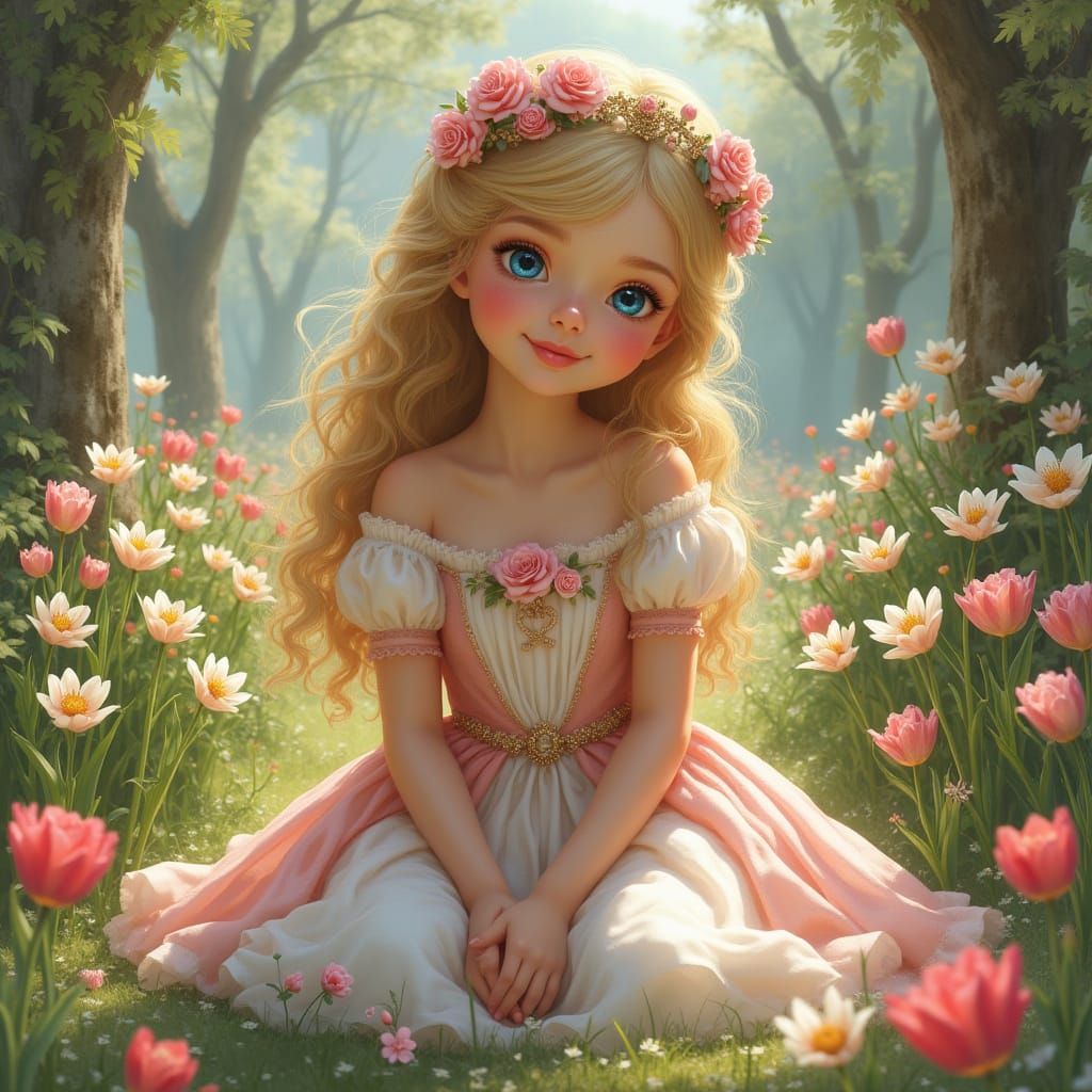 European Princess Girl in a Blooming Garden