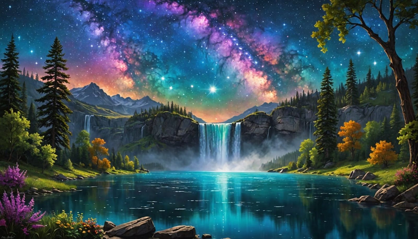 Romantic Cosmic Waterfall Scene in Photorealistic Style