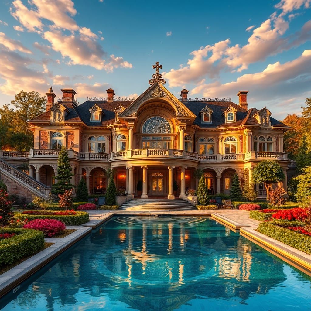 Opulent Mansion with Pool in Klimt-Kinkade Style