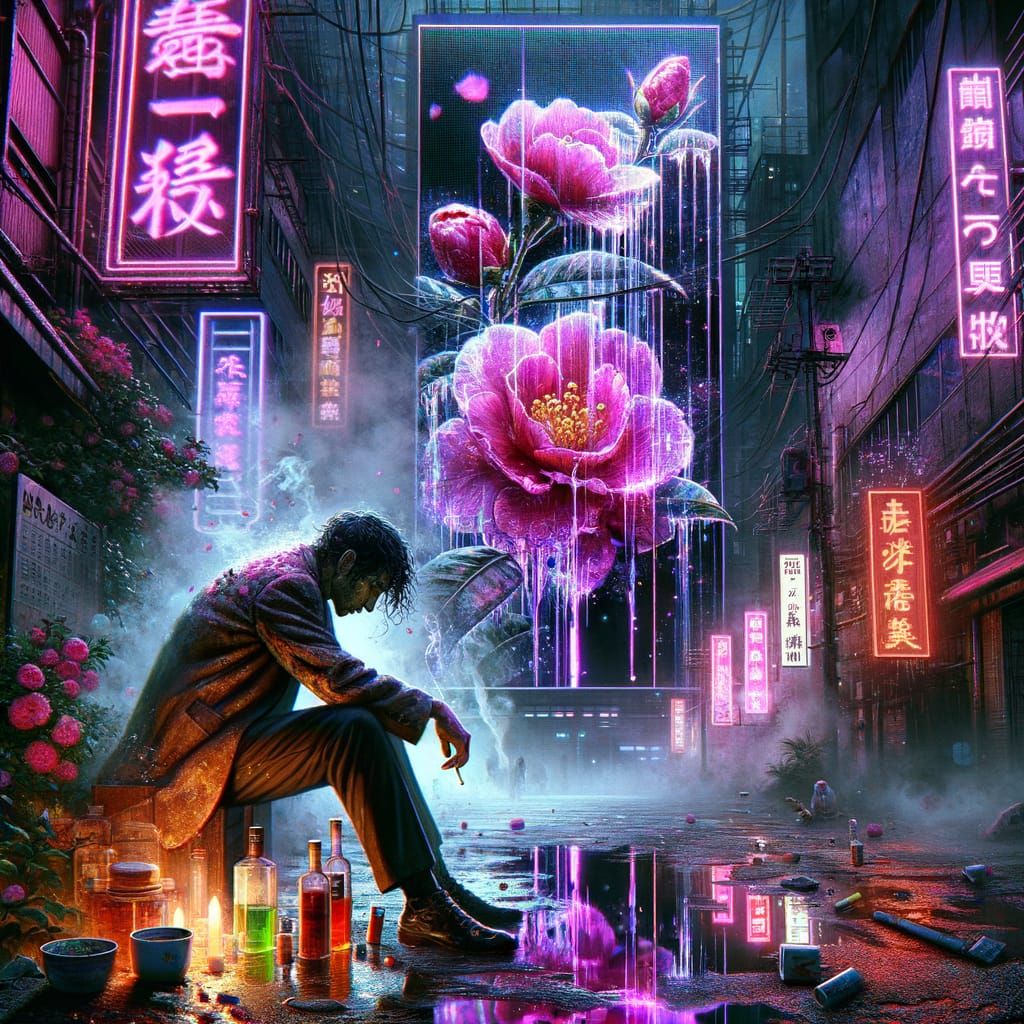 Cyberpunk Realism Meets Ink Wash Painting: A Rain-Soaked All...