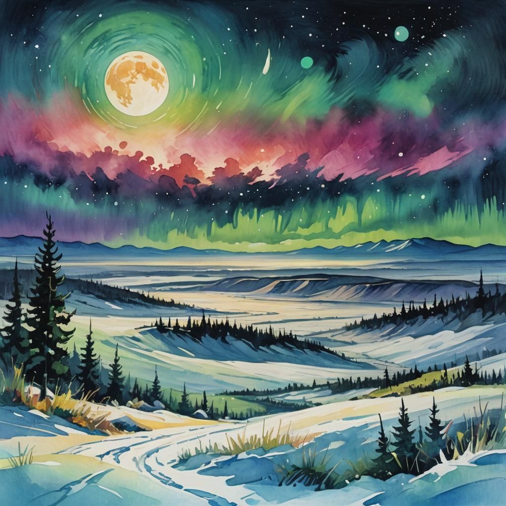 Icy Plain Under Northern Lights: Impasto Gouache Painting