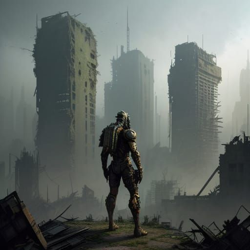 Post-Apocalyptic Warrior in Futuristic City Ruins