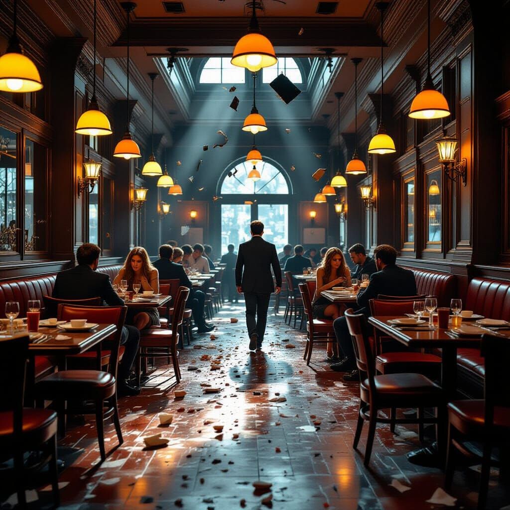 Chaotic Restaurant Destruction with Dramatic Lighting