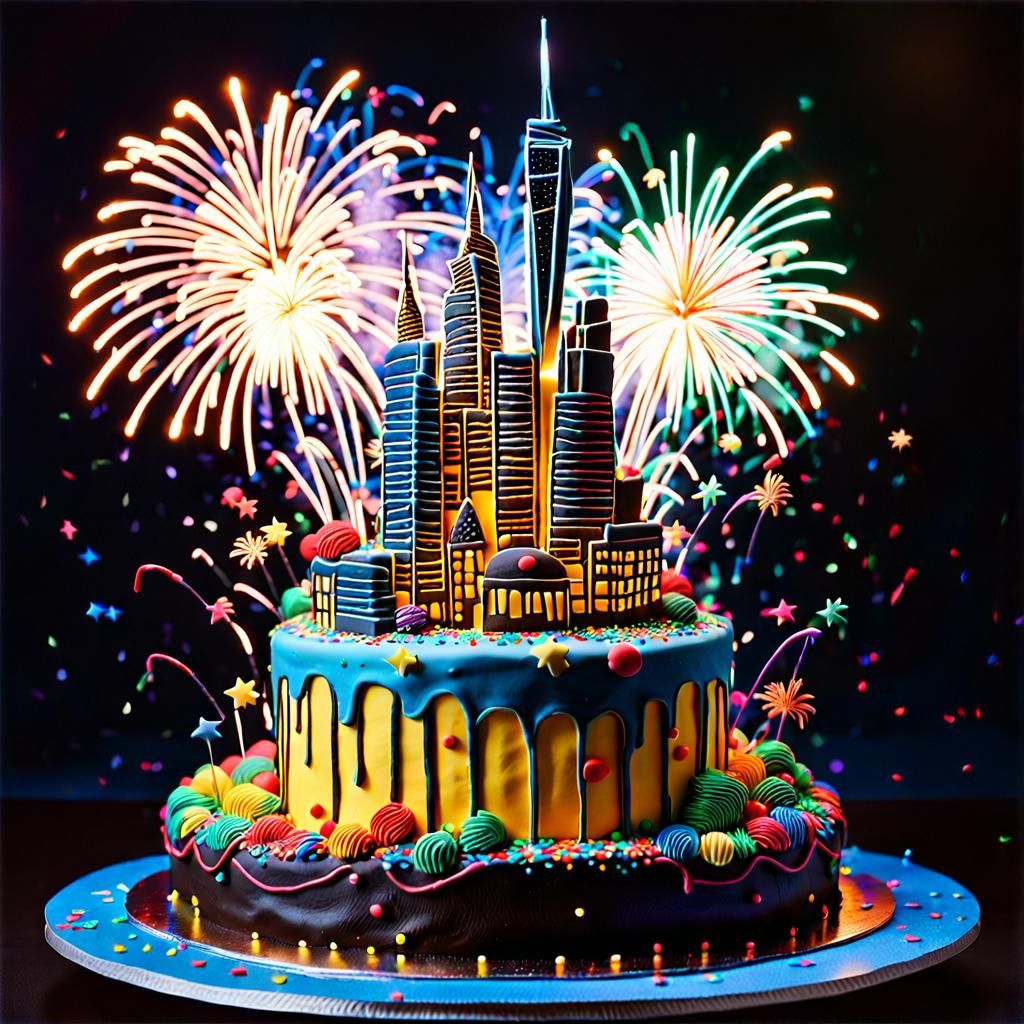 Festive Cityscape Cake Sculpture with Fireworks