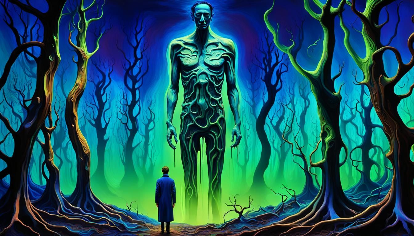 Surreal Elongated Figure Amidst Melting Trees