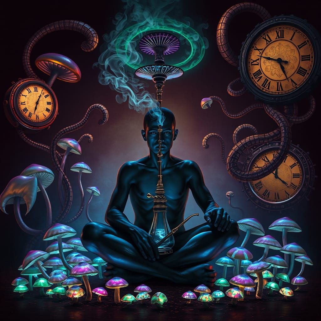 Surreal Mushroom Smoker in a Mystical Landscape